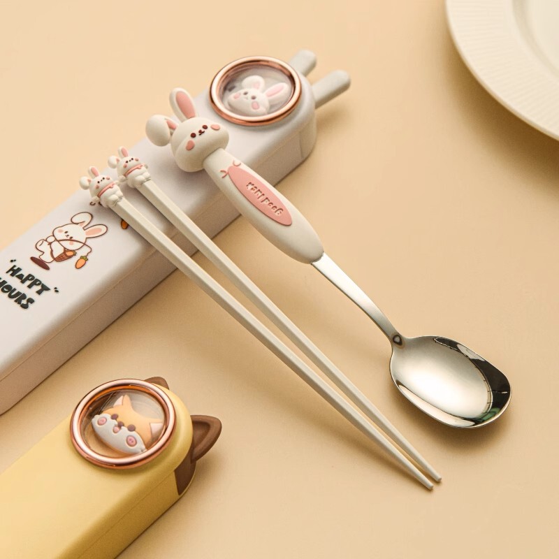 German 316 Stainless Steel Spoon and Chopstick Set Portable Cartoon Tableware Storage Box for Kidsren and Primary School Students Two-Piece Set