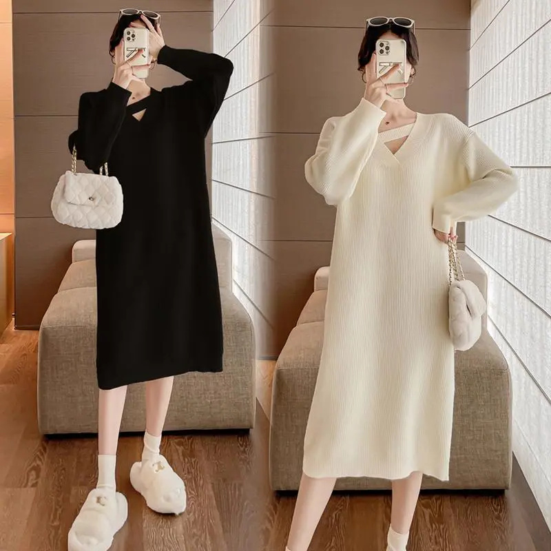 150kg Plus-Size Women's Autumn and Winter Loose Solid Color V-Neck Knit Slimming Versatile Mid-Length Long-Sleeve Sweater Dress for Women 150kg Plus-Size Women's Autumn and Winter Loose Solid Color V-Neck Knit Slimming Versatile Mid-Length Long-Sleeve Sweater Dress for Women