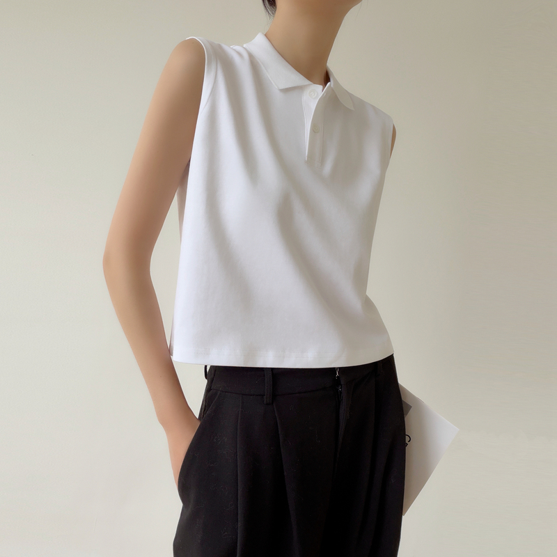 Summer Roman Cotton Polo Collar Short Sleeveless T-Shirt for Women, Loose Fit, Solid Color, Simple Turn-Down Collar Base Top for Commuting