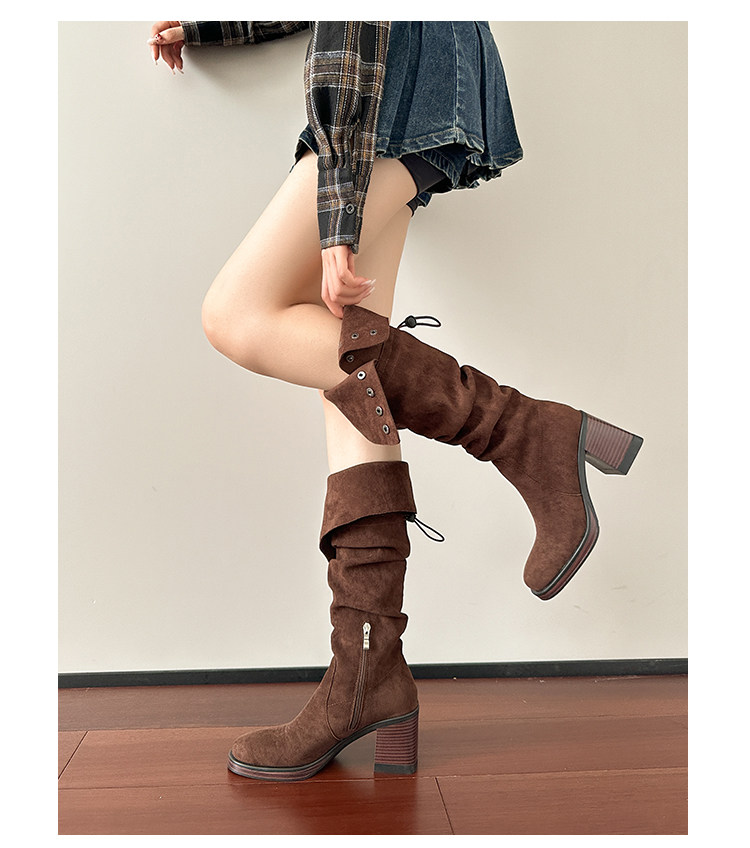 Западные Boots 高跟防水台长靴女侧拉炼 炼 𫔀两穿骑行靴高筒不过膝长筒靴小个子西部靴