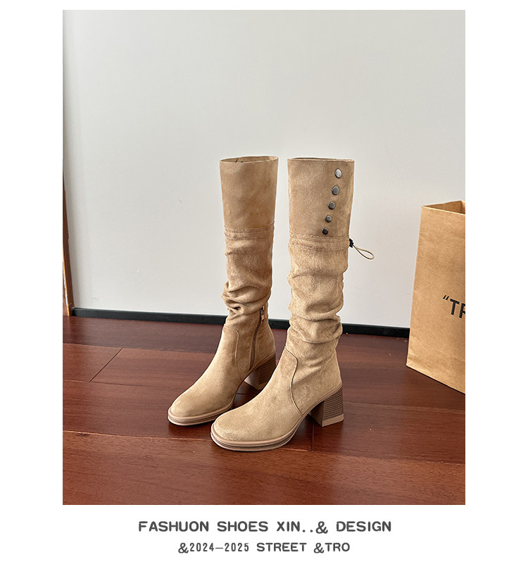 Западные Boots 高跟防水台长靴女侧拉炼 炼 𫔀两穿骑行靴高筒不过膝长筒靴小个子西部靴