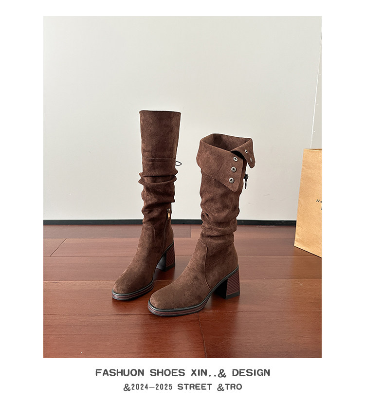 Западные Boots 高跟防水台长靴女侧拉炼 炼 𫔀两穿骑行靴高筒不过膝长筒靴小个子西部靴