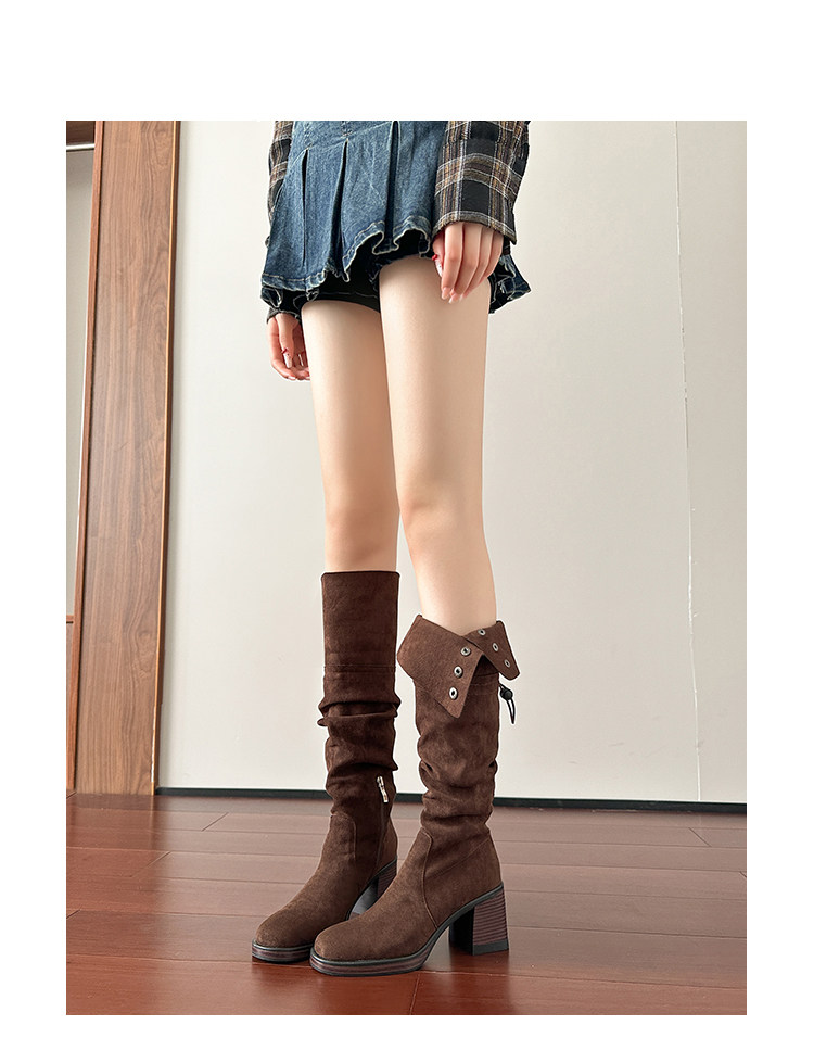 Западные Boots 高跟防水台长靴女侧拉炼 炼 𫔀两穿骑行靴高筒不过膝长筒靴小个子西部靴