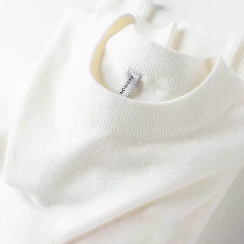 New Autumn and Winter Warm Fleece-Lined Base Layer Round Neck Pure White Sweater Men's Slim-Fit Knitwear