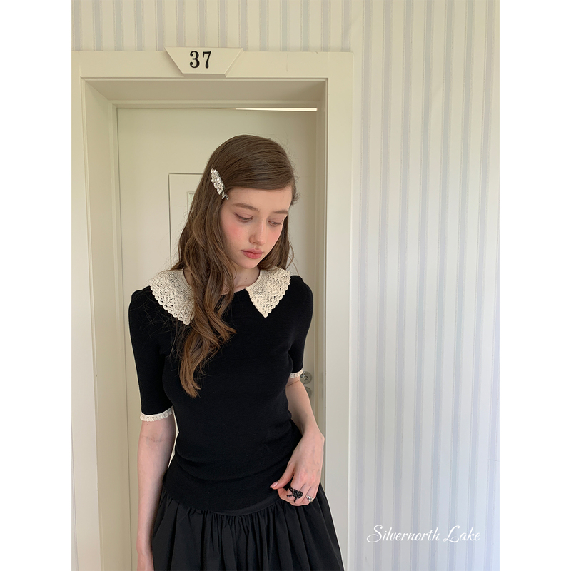 Silvernorthlake Silver Lake Yangzi Yarn Seamless Mid-Sleeve 100% Merino Wool Knitwear Lace Collar Wool Sweater