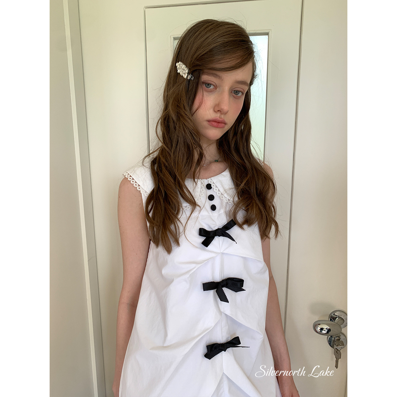 Silvernorthlake Silver Lake Contrasting Color Bow Knot Cocoon-Shaped Loose Dress with Lace Doll Collar Short Skirt Silvernorthlake Silver Lake Contrasting Color Bow Knot Cocoon-Shaped Loose Dress with Lace Doll Collar Short Skirt