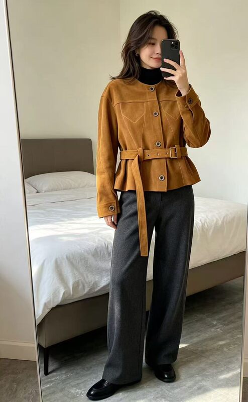 Collarless Top-Layer Round-Neck Sheepskin Suede Jacket
