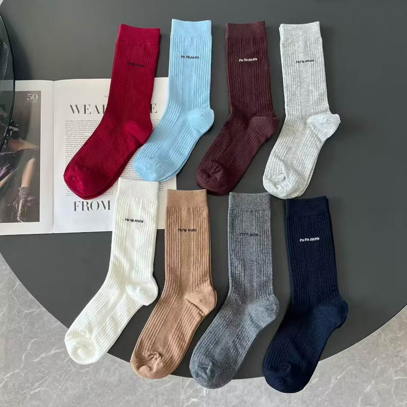 Double Letter Jacquard Vertical Stripe 240-Needle All-Season Simple Casual Basic Versatile Trendy Pure Cotton Mid-Calf Socks for Women