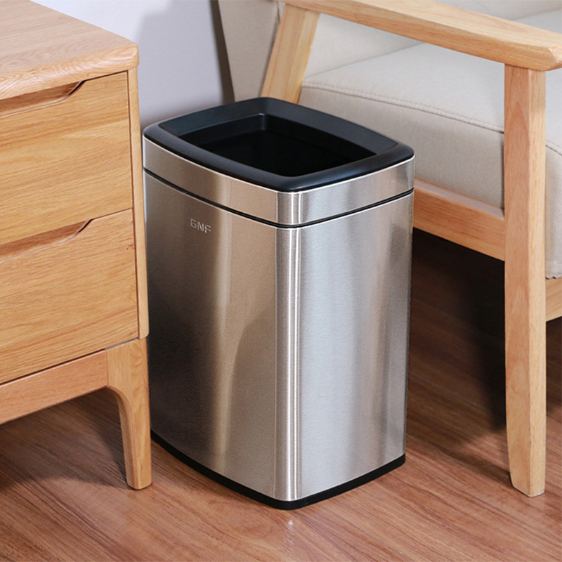 Gnf Stainless Steel Trash Can for Home Use, Small Size, Without Lid, 12L, Suitable for Bathroom, Commercial Use, Office, Kitchen, Bedroom, Square-Shaped Bin