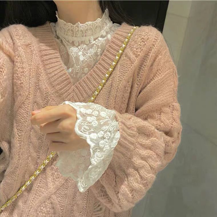 Lace Long-Sleeve Mesh Top, Exquisite Lace Base Shirt for Women, Stylish Autumn and Winter Lace Blouse for Women