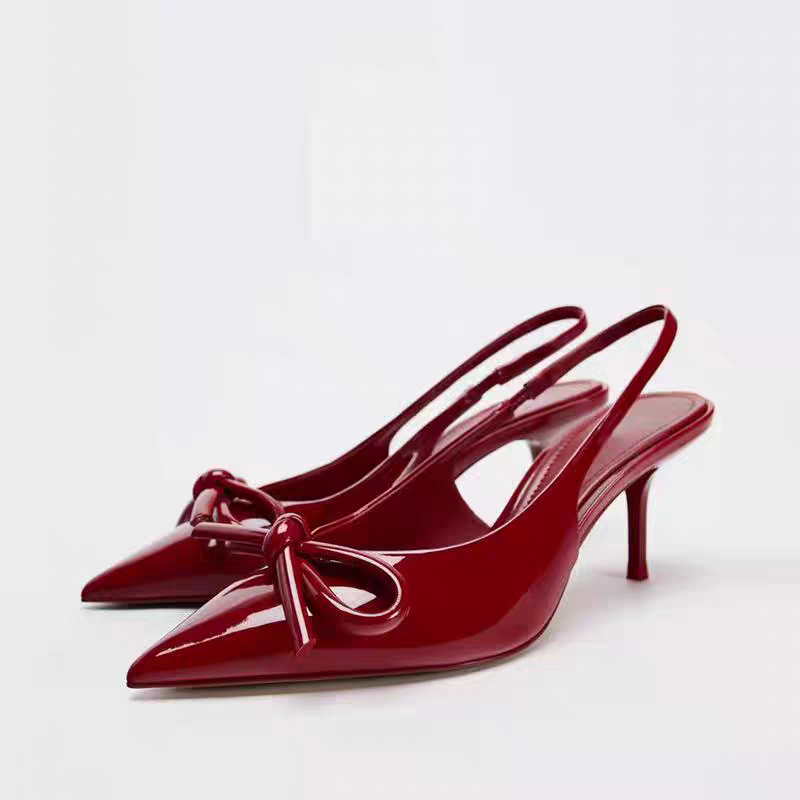 2025 Spring New Women's Shoes Black Patent Leather Bow Decorated Pointed Toe Mules Red High Heels Versatile Sandals