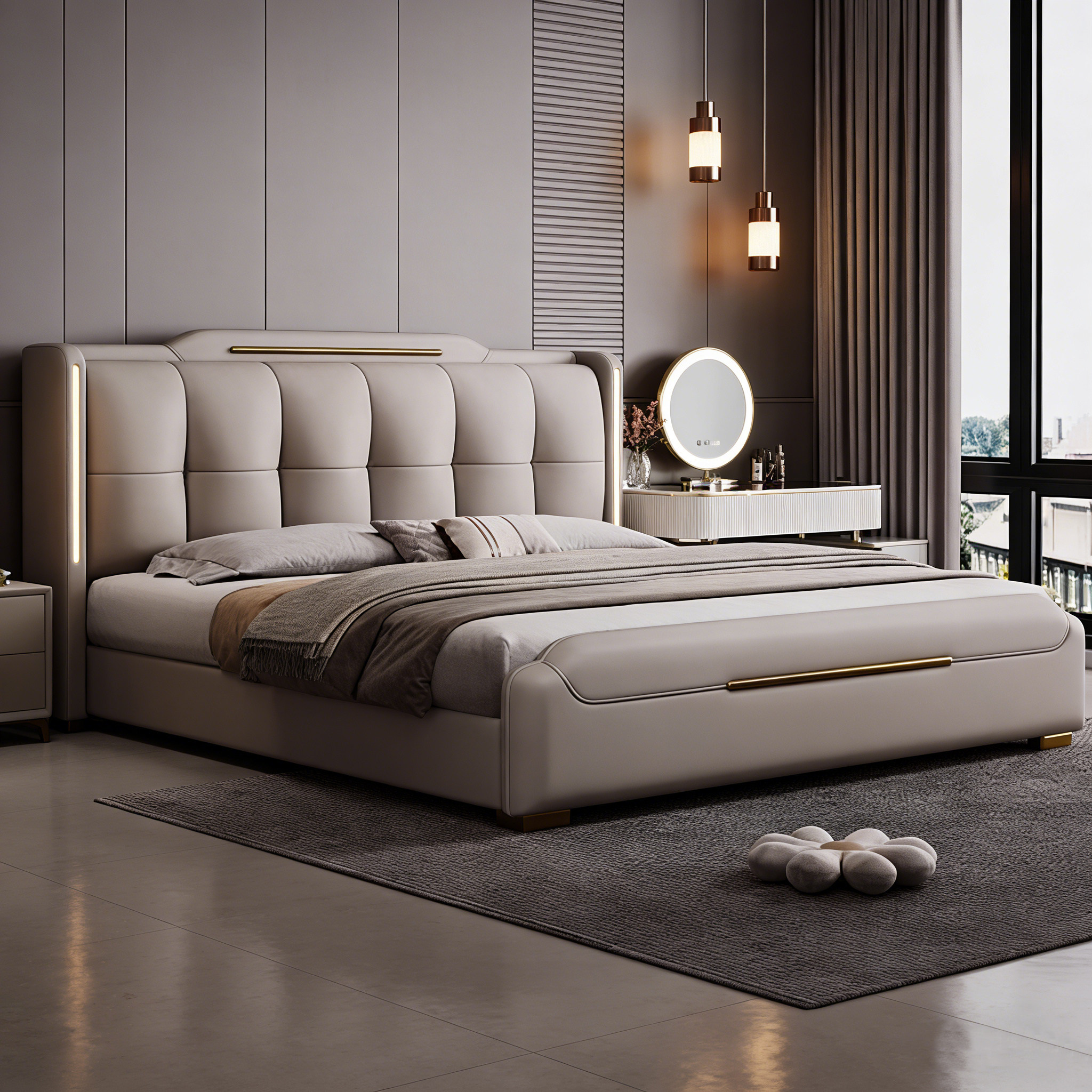 Кожаная кровать в итальянском стиле light luxury 2026 новая роскошная атмосфера главной спальни 1 метр 8 двуспальная свадебная кровать для хранения вещей со светом