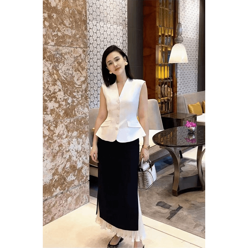 Yuan Yiling【Flawless】Acetate Sleeveless Vest for Women, V-Neck, Three-Dimensional Tailoring, Waist-Slimming, Elegant, Light Luxury Style, Summer