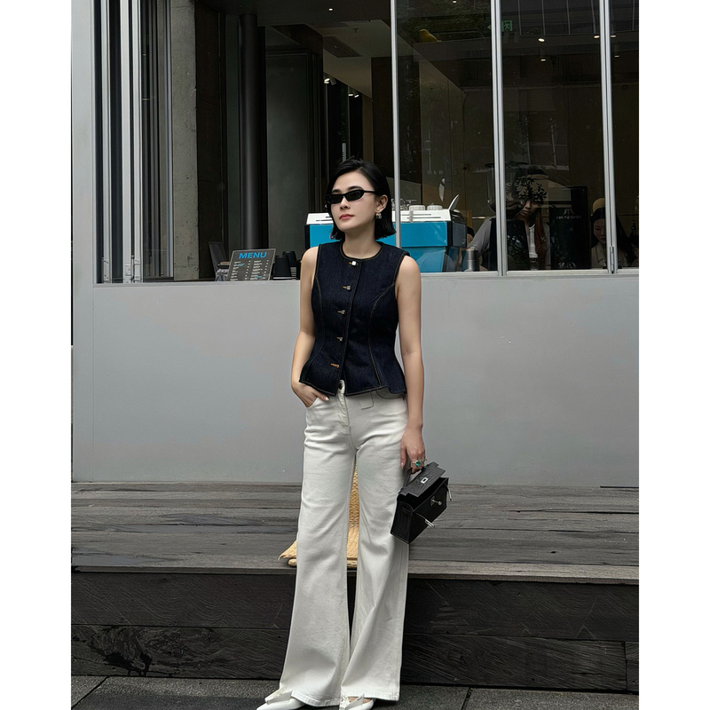 Yuan Yiling【Paris】 ins Fashionable Sleeveless Waist-Cinching Indigo Denim Vest 3978 Yuan Yiling【Paris】 ins Fashionable Sleeveless Waist-Cinching Indigo Denim Vest 3978