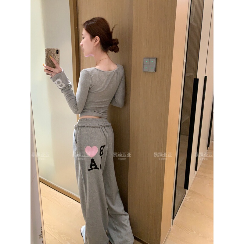 Grumpy Yaya Xiaoyuan Style 320g Cotton Embroidered Loose Wide-Leg Pants with Heart Print Casual Sweatpants