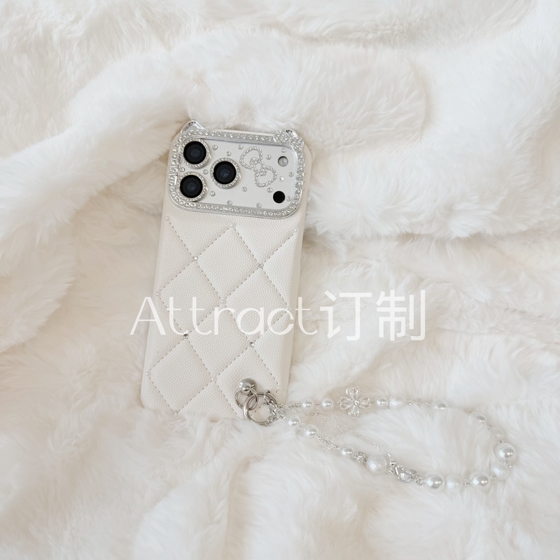 Attract/Original Pearl White Kitten Ear Rhinestone Lens Frame Leather Phone Case Suitable for 17Promax