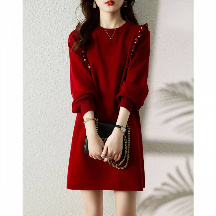 2026 Autumn/Winter Women's Round Neck Loose Long Sleeve Knitted Dress with Sweater and Coat, Trendy Thickened Base Layer Dress