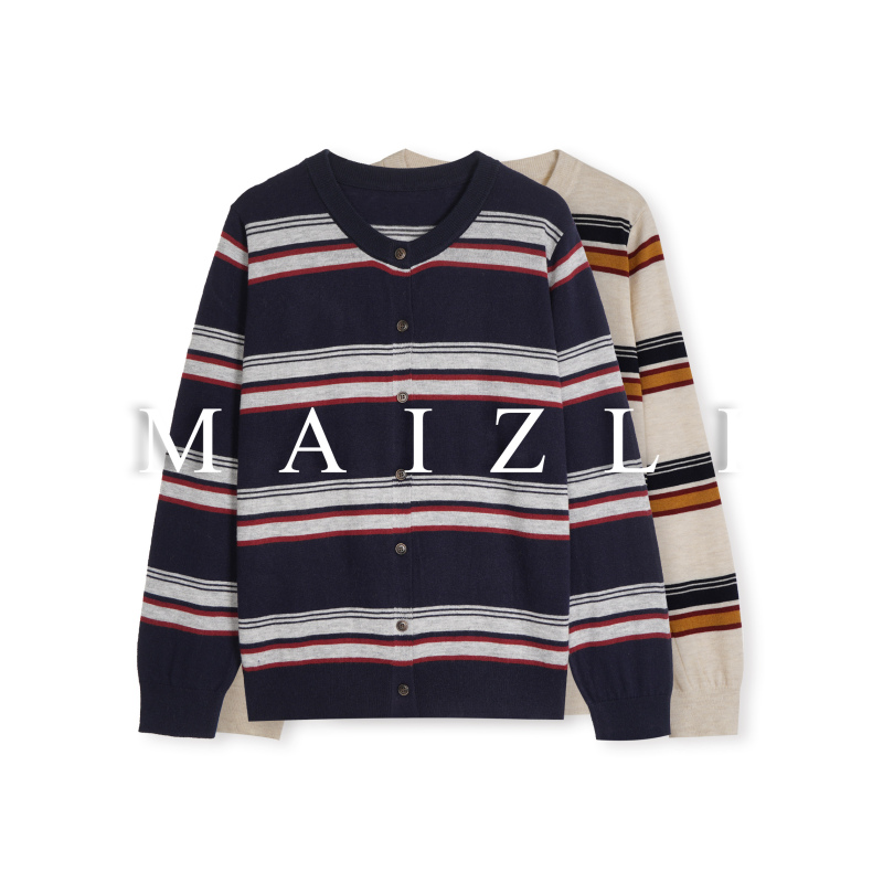 【Mt】Colorful Striped Knit Single-Breasted Cardigan with Fine Shimmering Gold and Silver Thread Blended with Wool