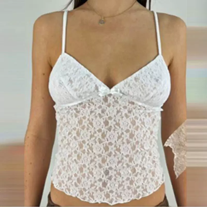 Камизоль (Fairy Coquette) 90‑е винтаж, цветочное кружево, V‑образный вырез, сетка, тонкие бретели