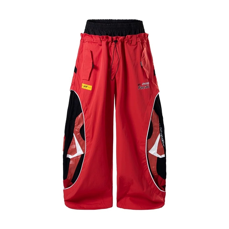 Trendy Street Style Functional Color-Blocked Wide-Leg Track Pants Unisex Loose Racing Sports Double-Waistband Cargo Pants