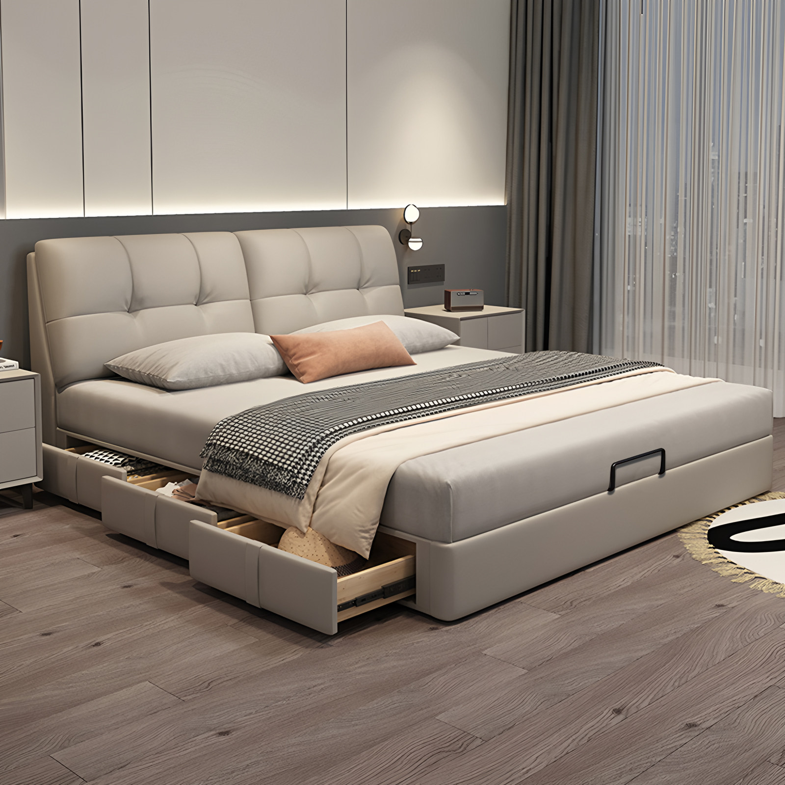 Современная минималистичная кожаная кровать в главной спальне с роскошной атмосферой кожаная художественная кровать легкая роскошная двуспальная кровать с выдвижным ящиком для хранения вещей