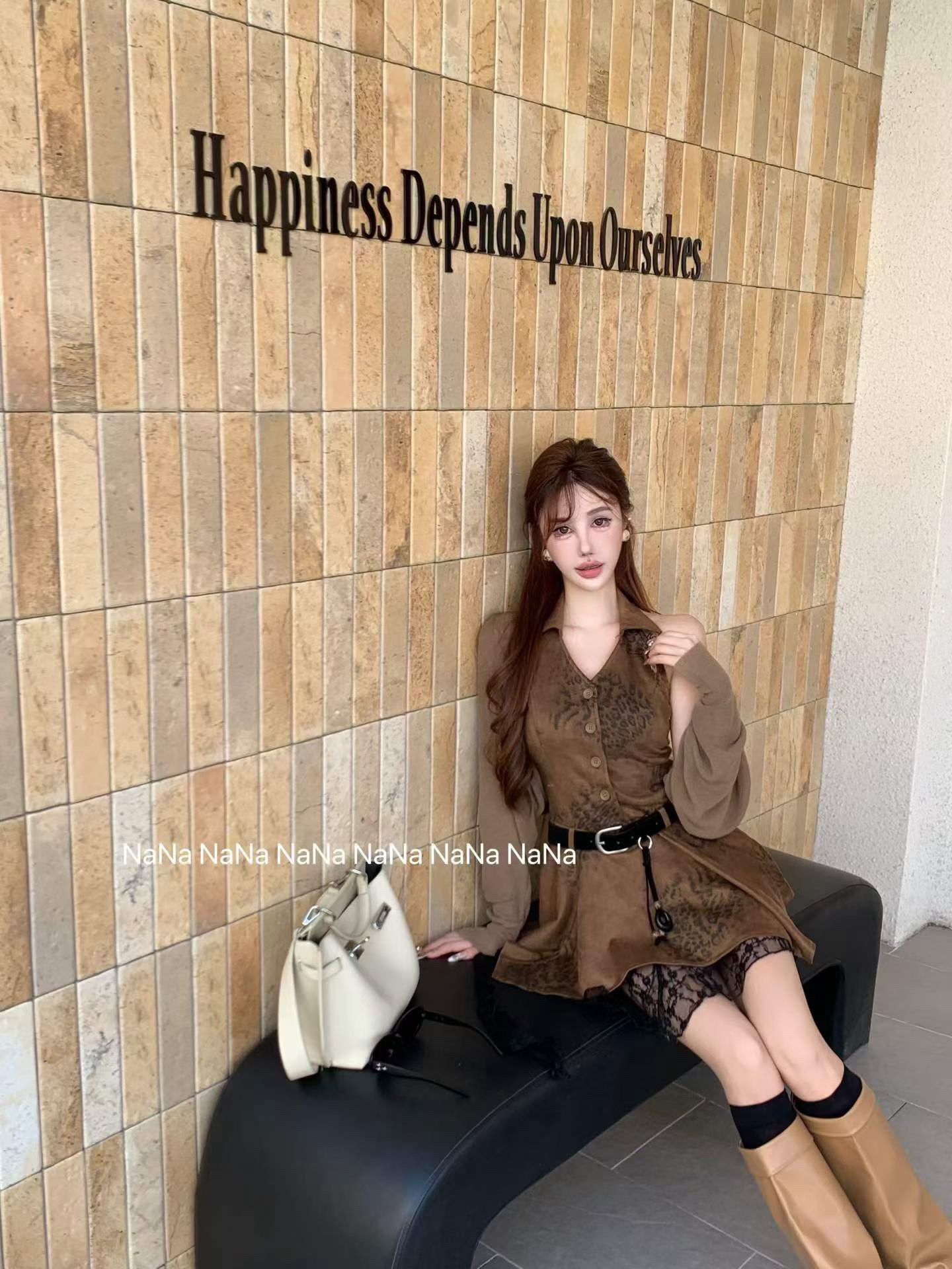 2026 가을 레트로 레오파드 무늬 V넥 패치워크 레이스 행침 목 슬립 드레스 숄 세트 벨트 포함 상세 이미지 12