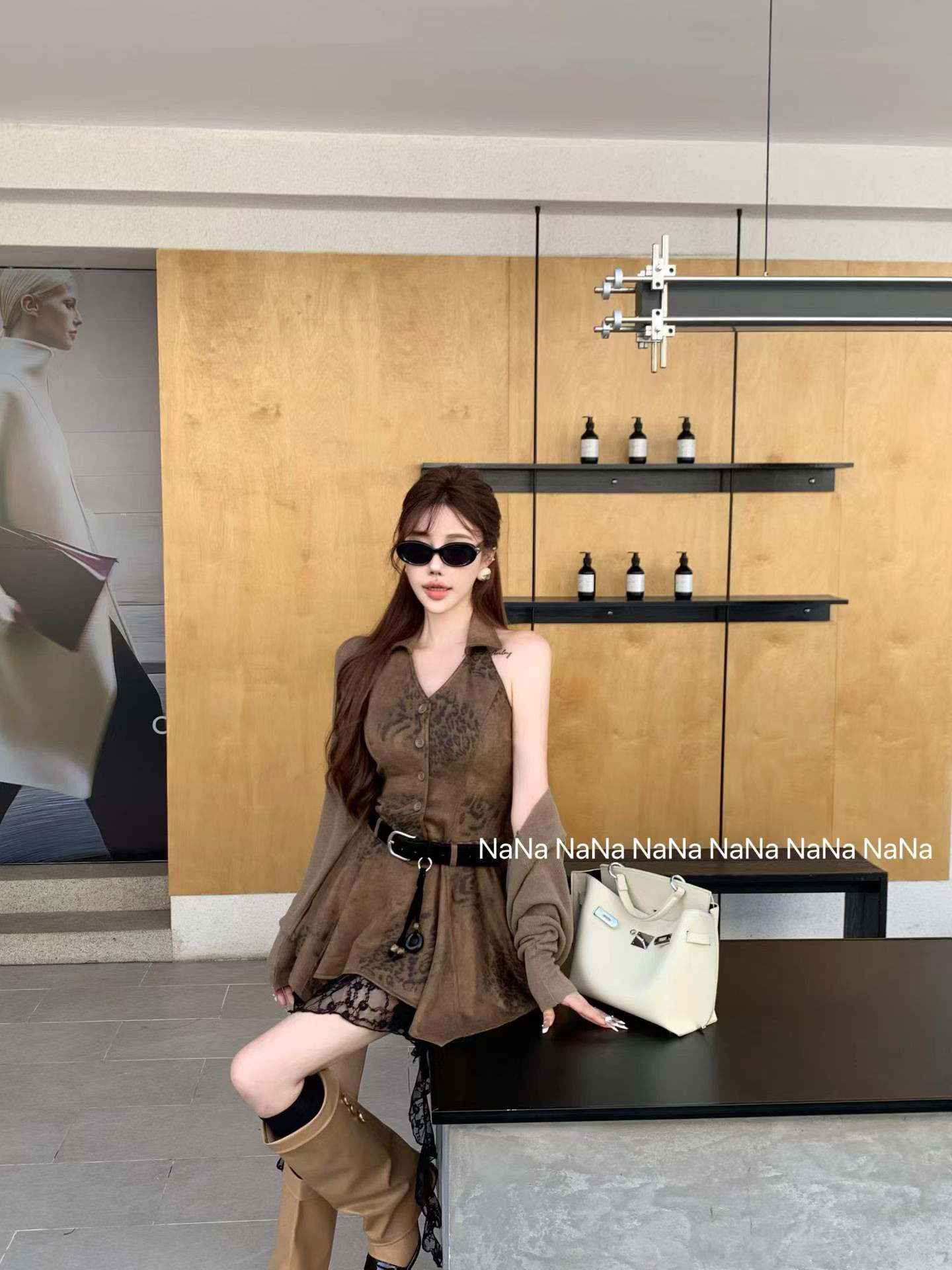 2026 가을 레트로 레오파드 무늬 V넥 패치워크 레이스 행침 목 슬립 드레스 숄 세트 벨트 포함 상세 이미지 8
