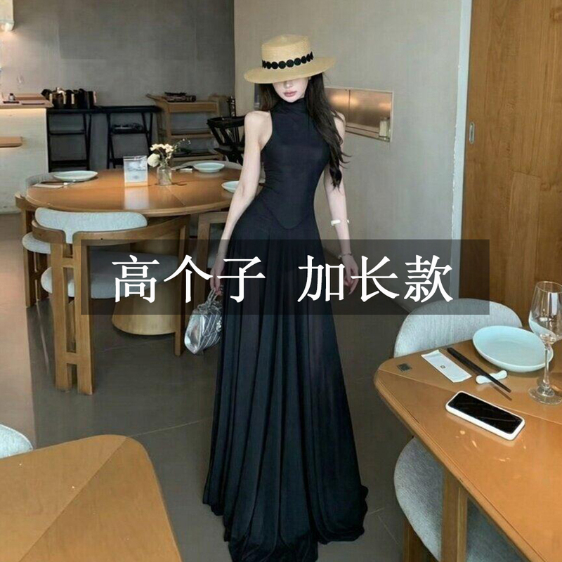 Tall 172cm Extended Version Summer Mesh Patchwork Stand-Up Collar Vest Dress Vacation Style Elegant Waist-Cinching Long Dress