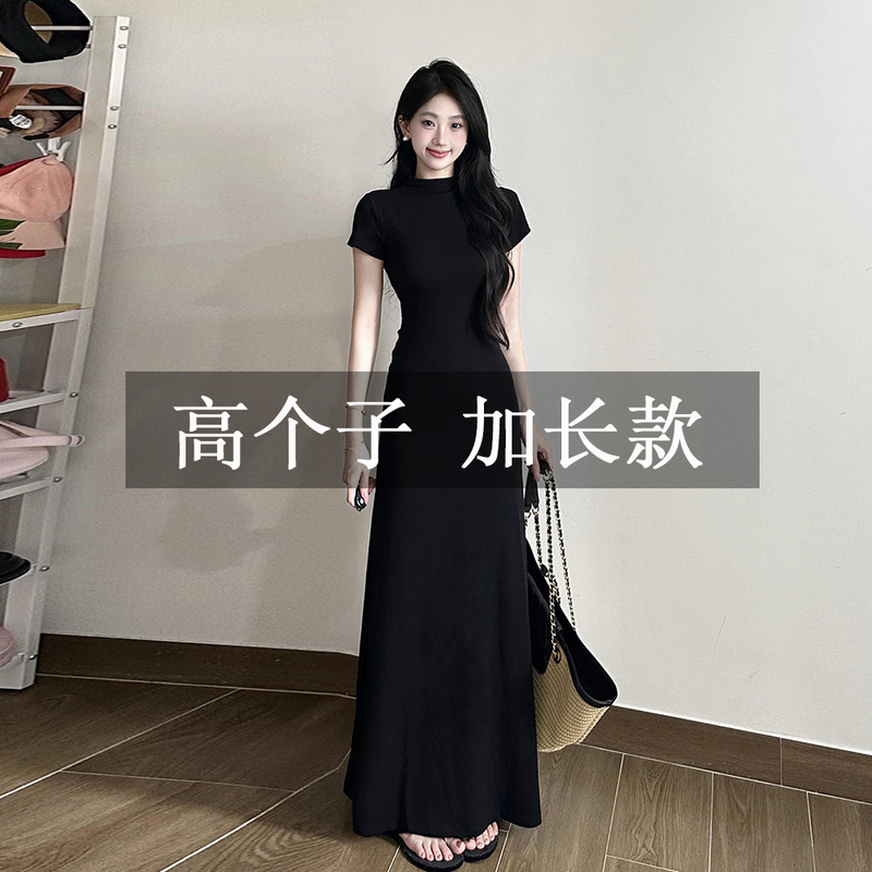 Tall 172cm Extended Version Summer Hepburn Style Black Short-Sleeved Dress, Elegant Waist-Cinching, Slimming, Versatile A-Line Long Dress