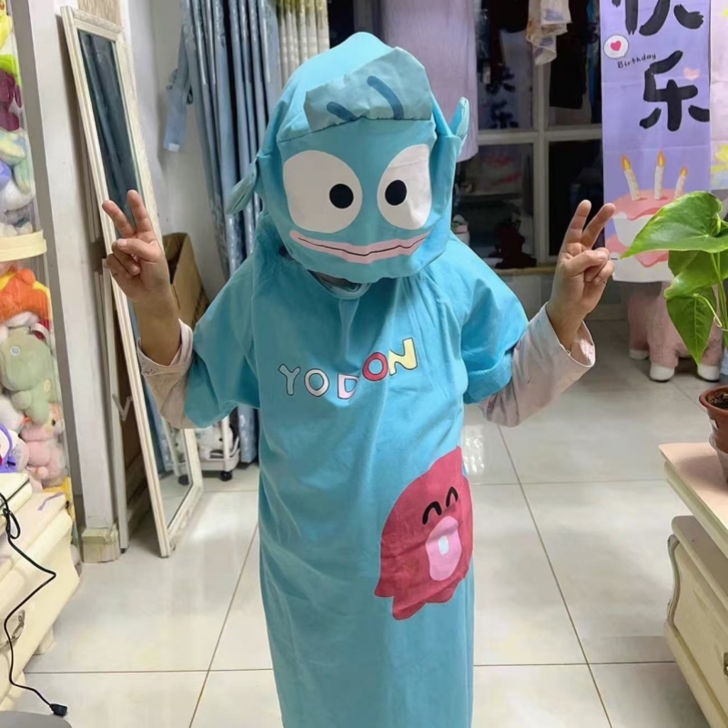 Summer Ugly Fish Pajamas for Children, Thin Hooded Nightgown, Baby One-Piece Loungewear, Integrated Hooded Dress, Cartoon Design