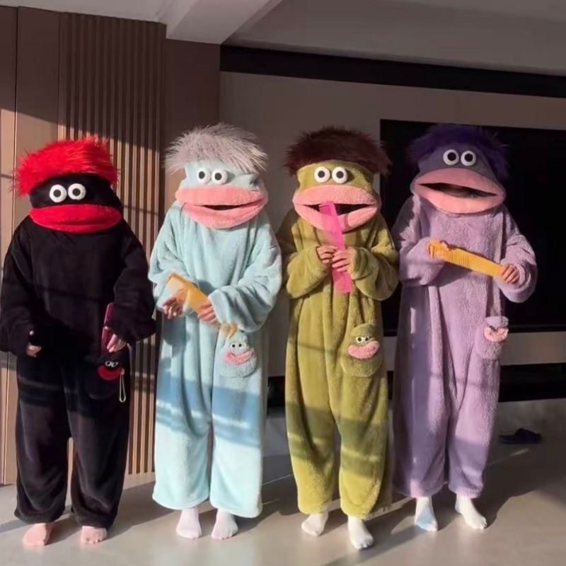 Big-Mouthed Monster One-Piece Pajamas, Lazy Abstract Quirky Hanton Ugly Fish Hooded Loungewear, Funny Coral Fleece, Can Be Worn Outside