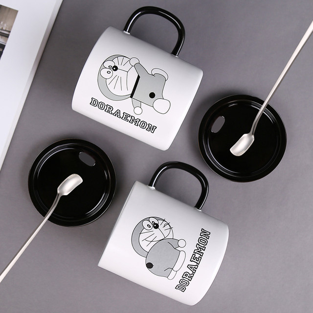 Doraemon mug ceramic blue fat jingle cat cup internet celebrity with lid spoon couple coffee cup birthday gift