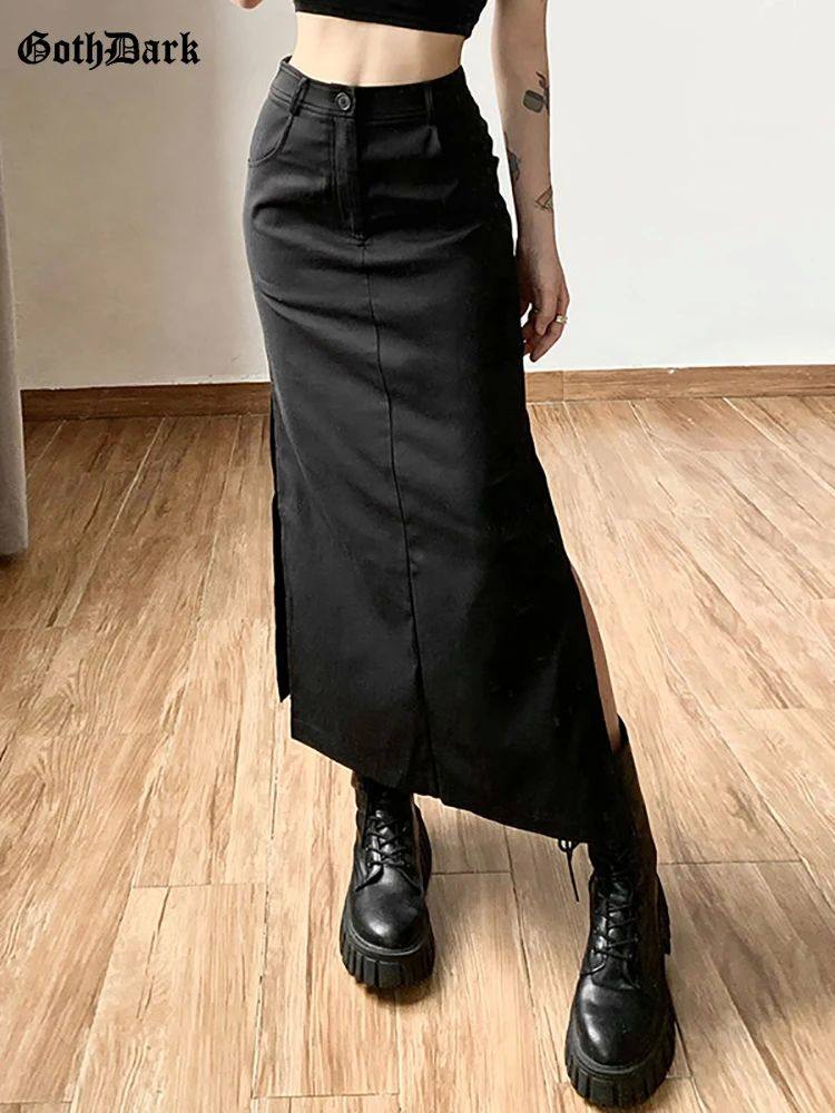 Goth Dark Grunge Casual Tag Split Women Midi Skirts Mall Got