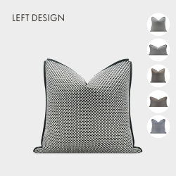 To the left, black, white, coffee and blue pillows, simple mercerized plaid sofa model room, modern light luxury, high-end pillow cover