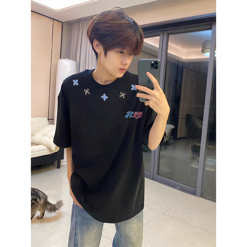 Trendy American-Style Black Short-Sleeve T-Shirt for Men, Summer High-End Clothing for Teenagers, Heavy-Duty Half-Sleeve Top Trendy American-Style Black Short-Sleeve T-Shirt for Men, Summer High-End Clothing for Teenagers, Heavy-Duty Half-Sleeve Top