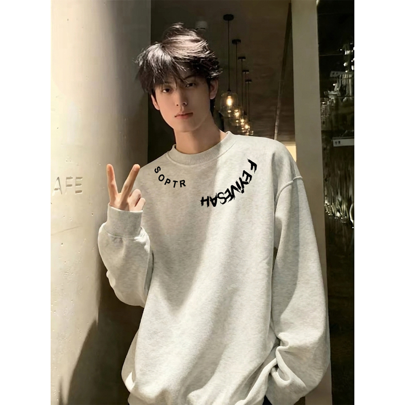 Heavyweight American-Style Crewneck Sweatshirt for Men, 2026 New Model, Fleece-Lined and Thickened, Gray Warm Top with Long Sleeves Heavyweight American-Style Crewneck Sweatshirt for Men, 2026 New Model, Fleece-Lined and Thickened, Gray Warm Top with Long Sleeves