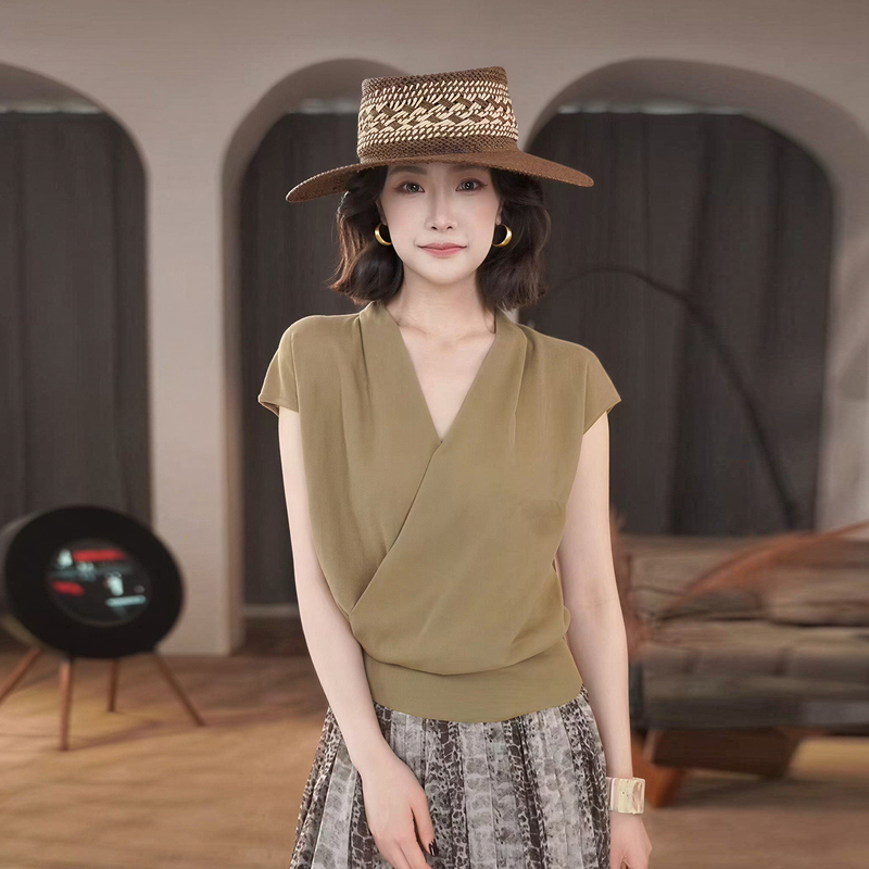 【String Music Symphony】Summer Lyocell Linen Blend Cross-Waist Slimming Knitted T-Shirt Top Yn4456