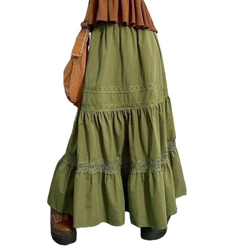 90s Vintage Green Pleated Skirts Korean Fashion Holiday Boho