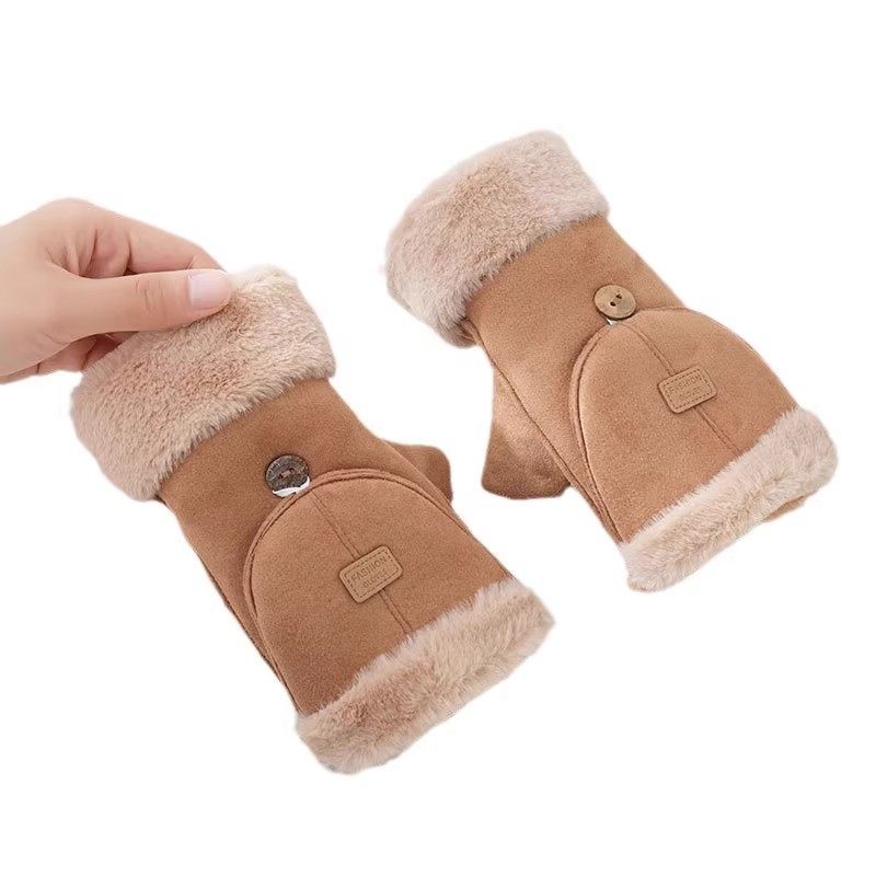 Plush Gloves for Women, Winter Warm Flip-Top Half-Finger Cute Fleece-Lined Student Cycling Touchscreen Gloves, Flip-Top Gloves, Thickened