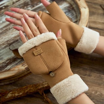 Plush Gloves for Women, Winter Warm Flip-Top Half-Finger Cute Fleece-Lined Student Cycling Touchscreen Gloves, Flip-Top Gloves, Thickened