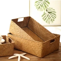 Straw rectangular storage box seagrass rattan bamboo woven storage basket desktop snack storage basket storage basket