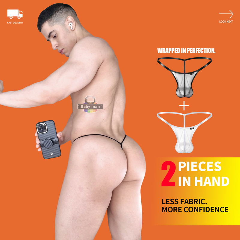 2-Pack Men's Single Thong Ultra-Thin See-Through Mesh Low-Waist Thin Strap U-Pouch Luxury Sexy Butt-Lifting T-Back Briefs