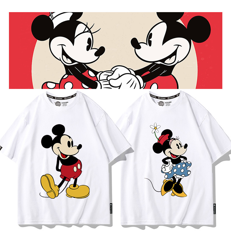Cartoon Mickey and Minnie Short-Sleeve T-Shirts for Men, Couple Outfits, Summer Anime Merchandise, Co-Branded T-Shirts, Couple Clothes, Trendy