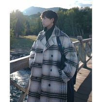 Woolen coat mens autumn and winter loose large size thickened double-breasted woolen windbreaker trendy mid-length over-the-knee coat