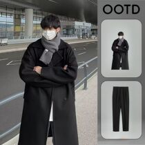 Woolen coat mens autumn and winter loose large size thickened double-breasted woolen windbreaker trendy mid-length over-the-knee coat