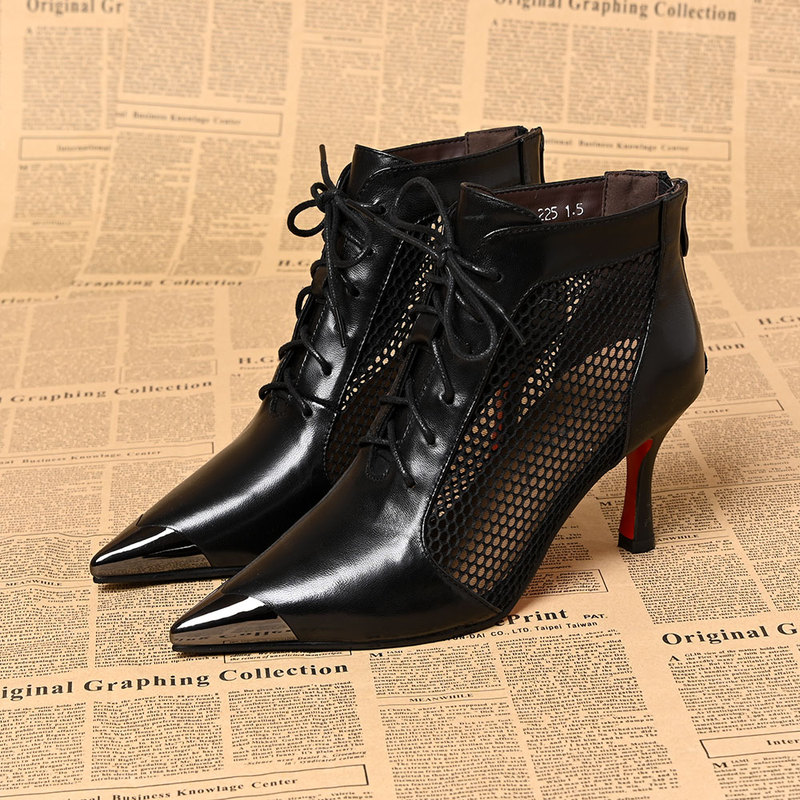 First-Layer Cowhide Anti-Kick Pointed Toe Sandals for Women, New Summer Style, Breathable Mesh Lace-Up Stiletto Short Boots, Versatile High Heels