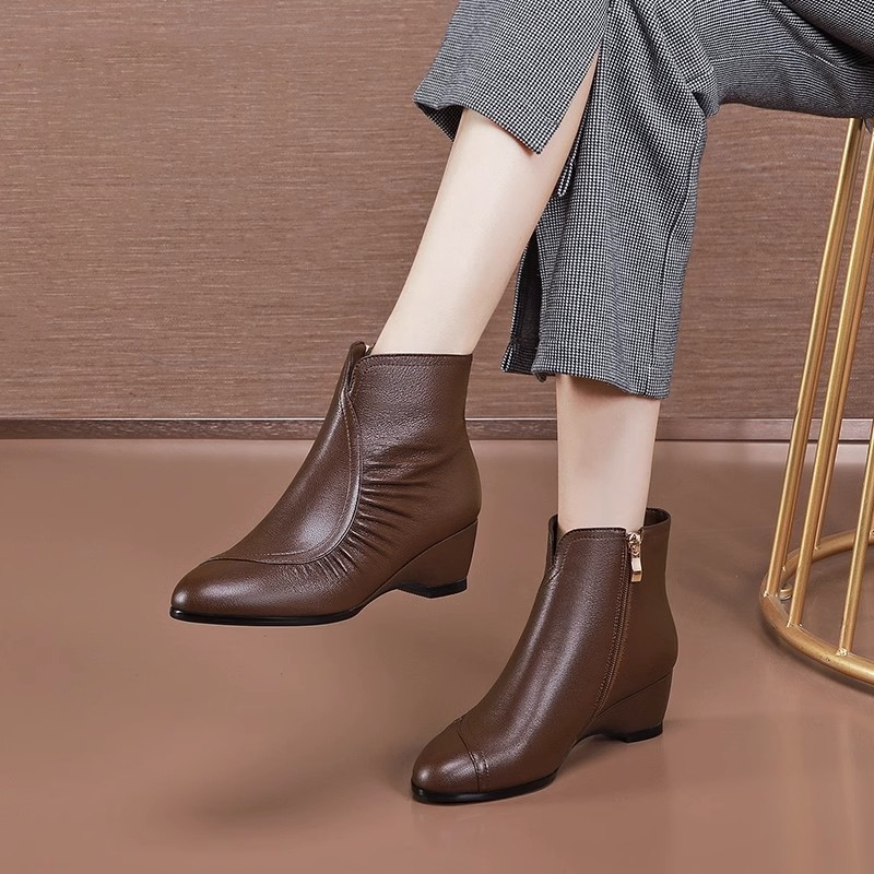 Soft-Soled Side-Zip Wedge Short Boots for Women, 2026 Spring and Autumn New Style, Mid-Heel, Round-Toe, Genuine Leather, Fleece-Lined Mom Boots
