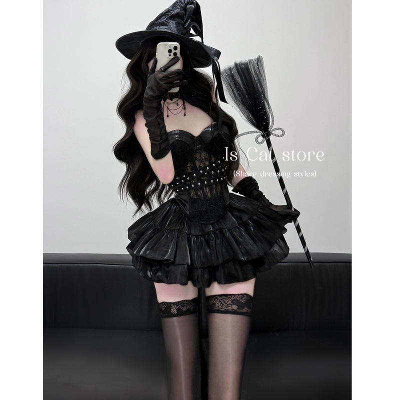 Is Cat: Ink Witch Crimson Embellishment Halloween Leather and Lace Wrap Chest Slim-Fit Buttoned Semi-Sheer Bustier Short Skirt Set