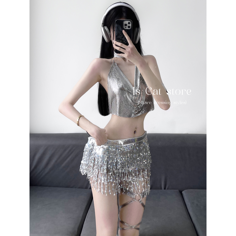 Is Cat: Hot and Spicy, Sexy Metallic Crop Top with Tassels, Waist Chain, Sequin Stage Performance Outfit