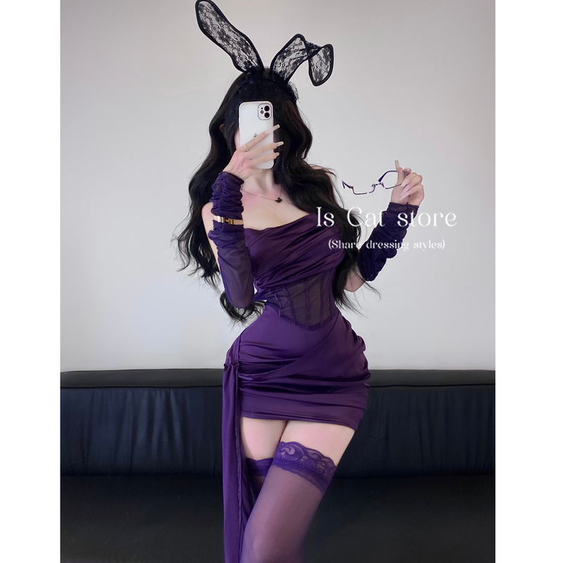 Is Cat: Purple Aura Comes from the East French-Style Light and Mature Mesh Patchwork Strapless Dress for Women with Tie-Up Ruched Bodycon Skirt Is Cat: Purple Aura Comes from the East French-Style Light and Mature Mesh Patchwork Strapless Dress for Women with Tie-Up Ruched Bodycon Skirt